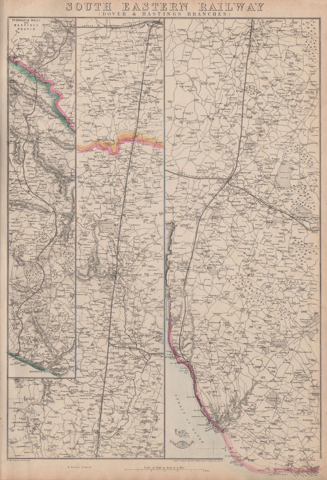 SOUTH EASTERN RAILWAY. Dover & Hastings Branches. Tunbridge. WELLER 1863 map